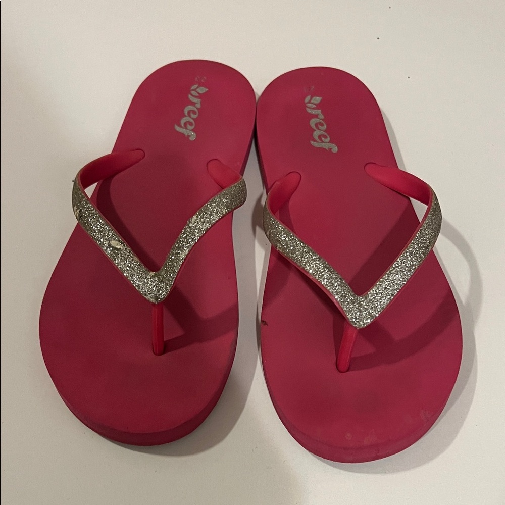 Reef Sandals with Pink Base and Glittery Silver Straps